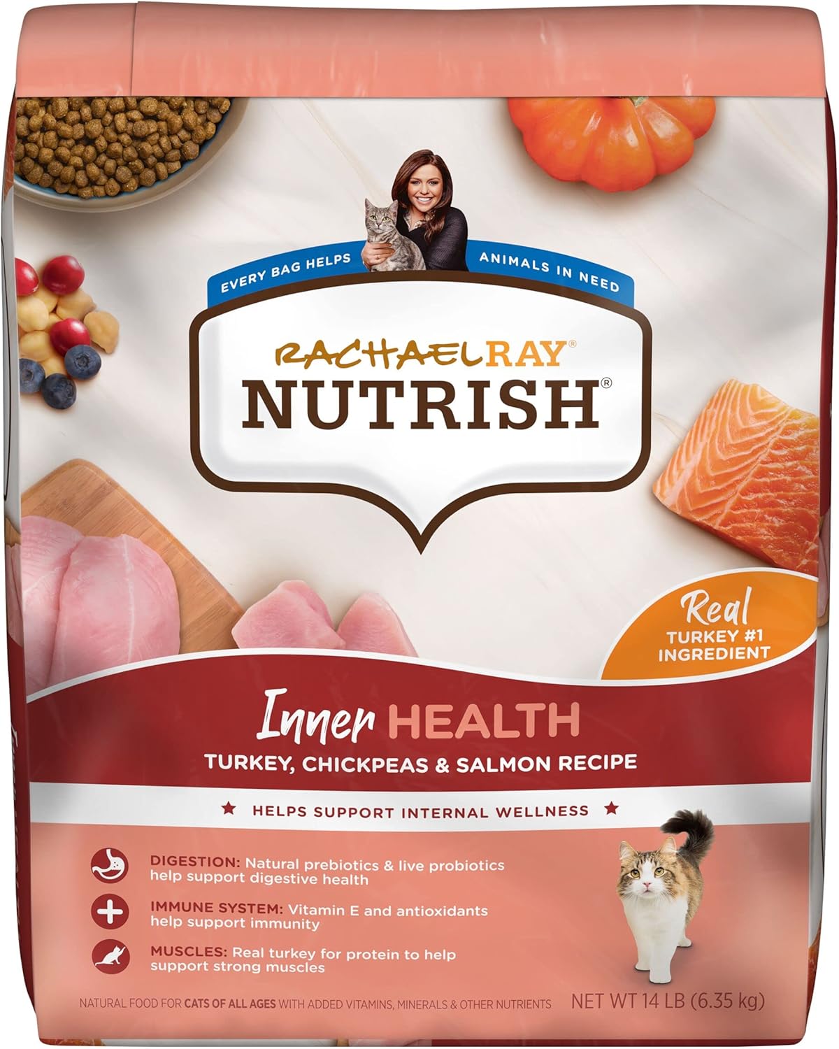 Rachael Ray Nutrish Inner Health Premium Natural Dry Cat Food with Added Vitamins, Minerals & Other Nutrients, Turkey with Chickpeas & Salmon Recipe, 14 Pounds