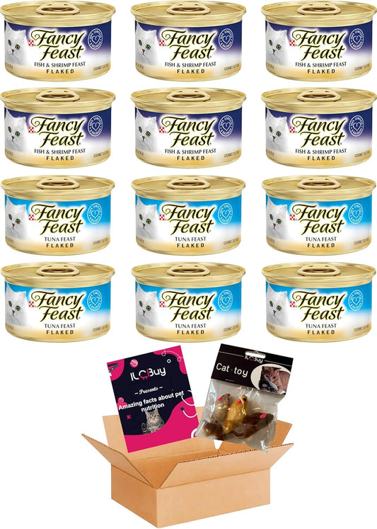 Fancy Feast Wet cat Food flaked Bundle, 06 Cans Fancy Feast Shrimp and Fish flaked and 06 Cans fancuy Feast Tuna Flaked,with a Kit Toys for Cats ans a Booklet.