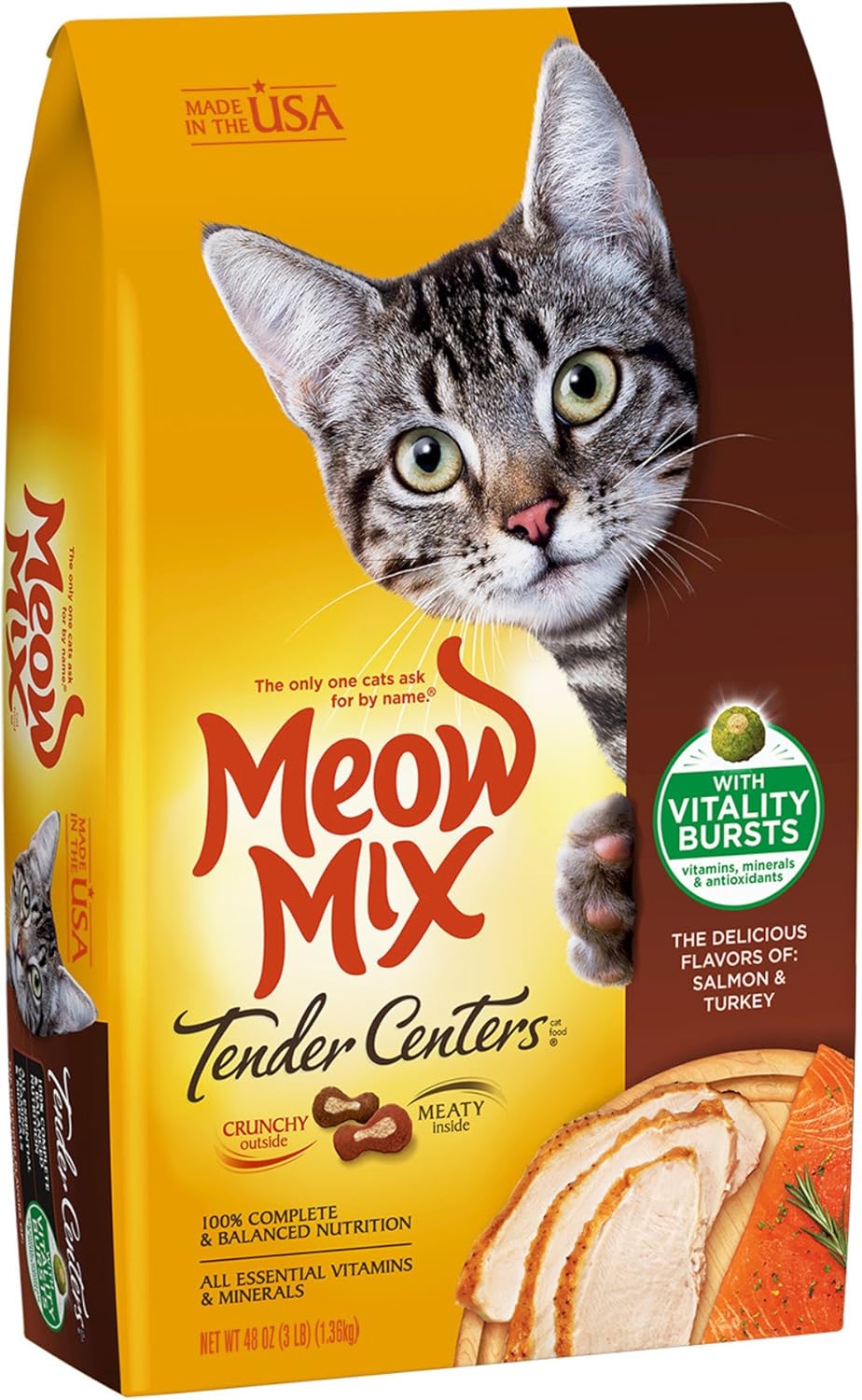 Meow Mix Tender Centers Salmon & Turkey Flavors With Vitality Bursts, 3 Lb (Pack Of 6)