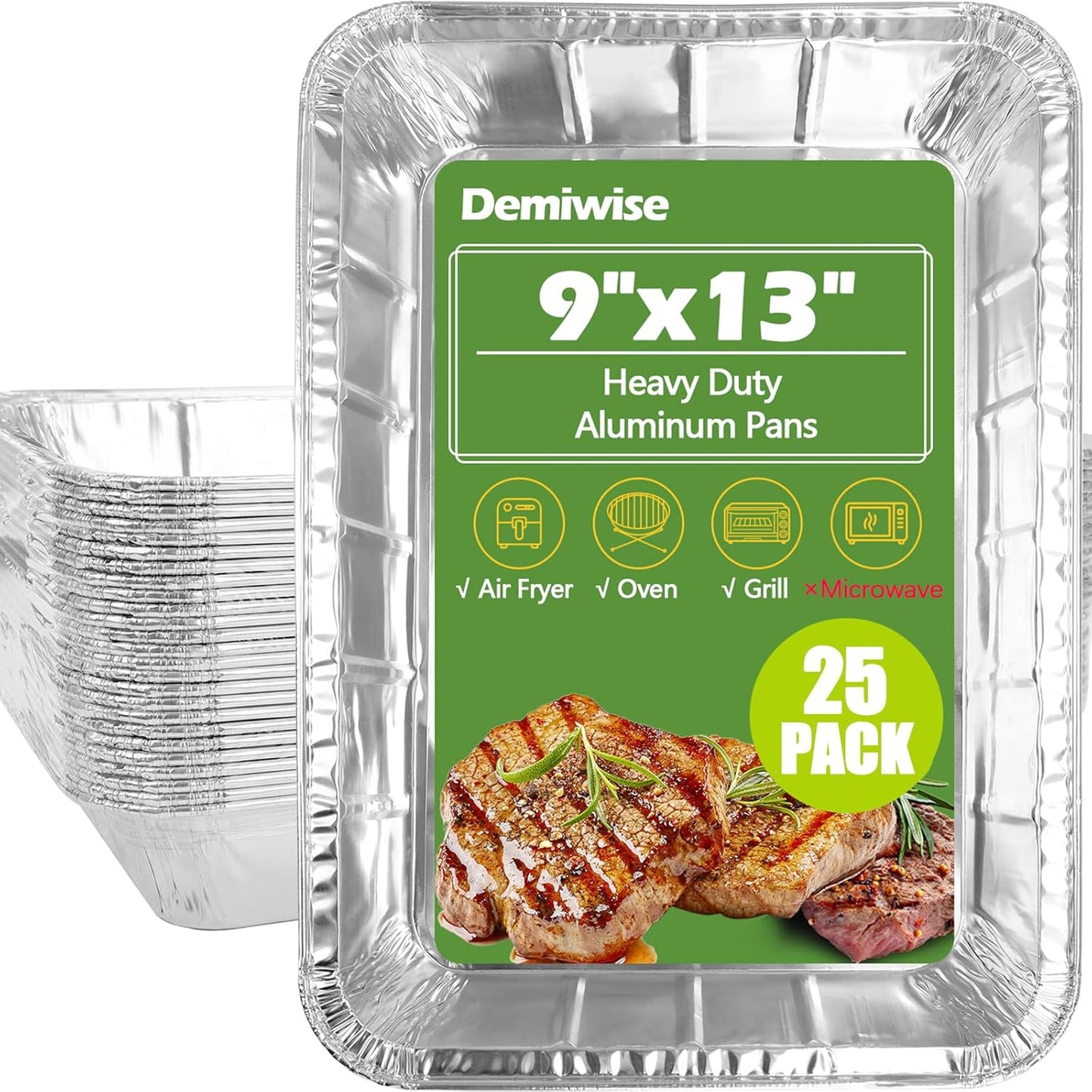 Demiwise Thickened 25 Pack Aluminum Foil Pans, 9x13 Disposable Aluminum Tin Foil Pans for Baking Roasting & Chafing, Half Size Steam Table Deep Pans, Extra Heavy Duty Cake & Oven Pan