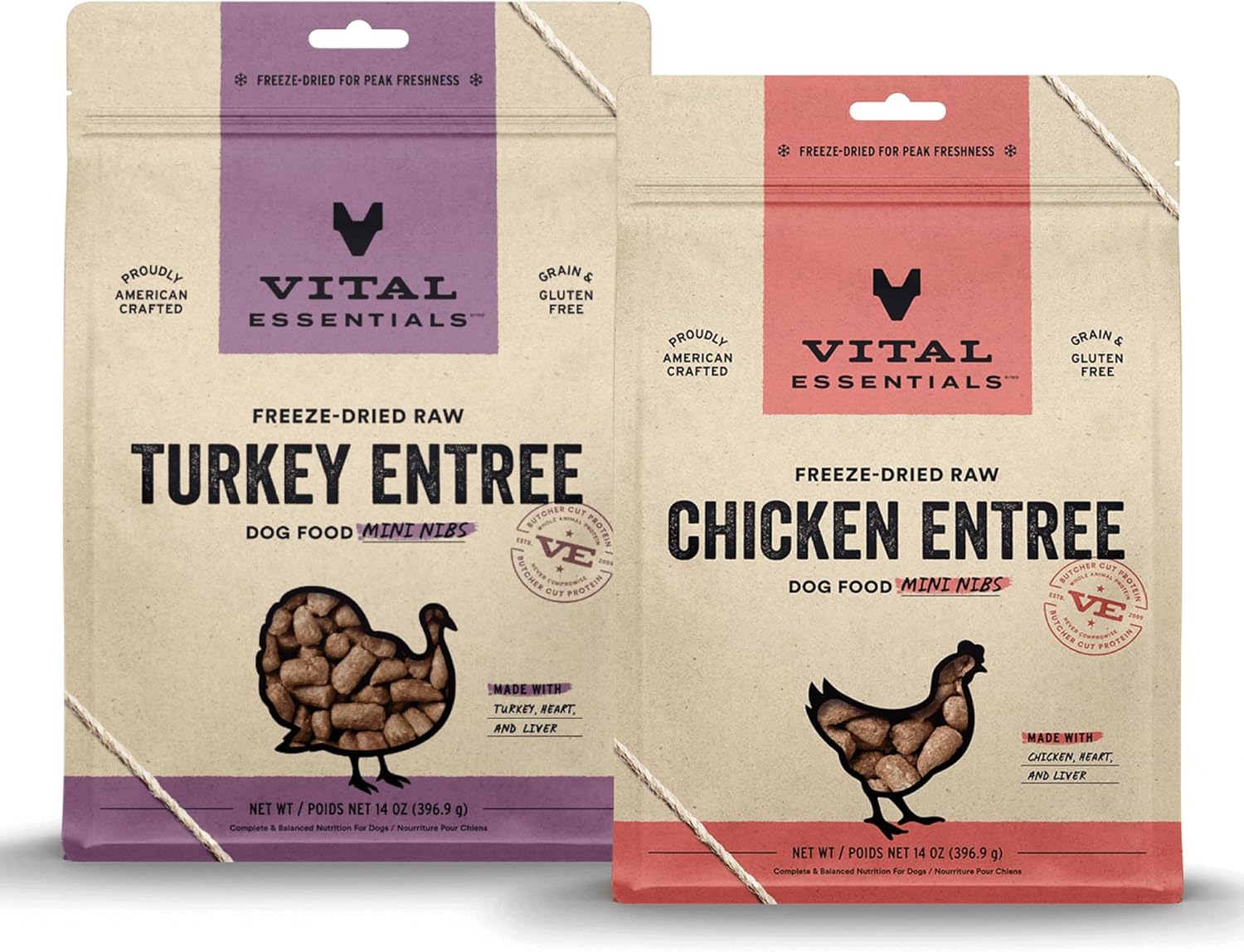 Vital Essentials Freeze Dried Turkey Mini Nibs (14 oz) & Chicken Mini Nibs (14 oz) Dog Food Bundle