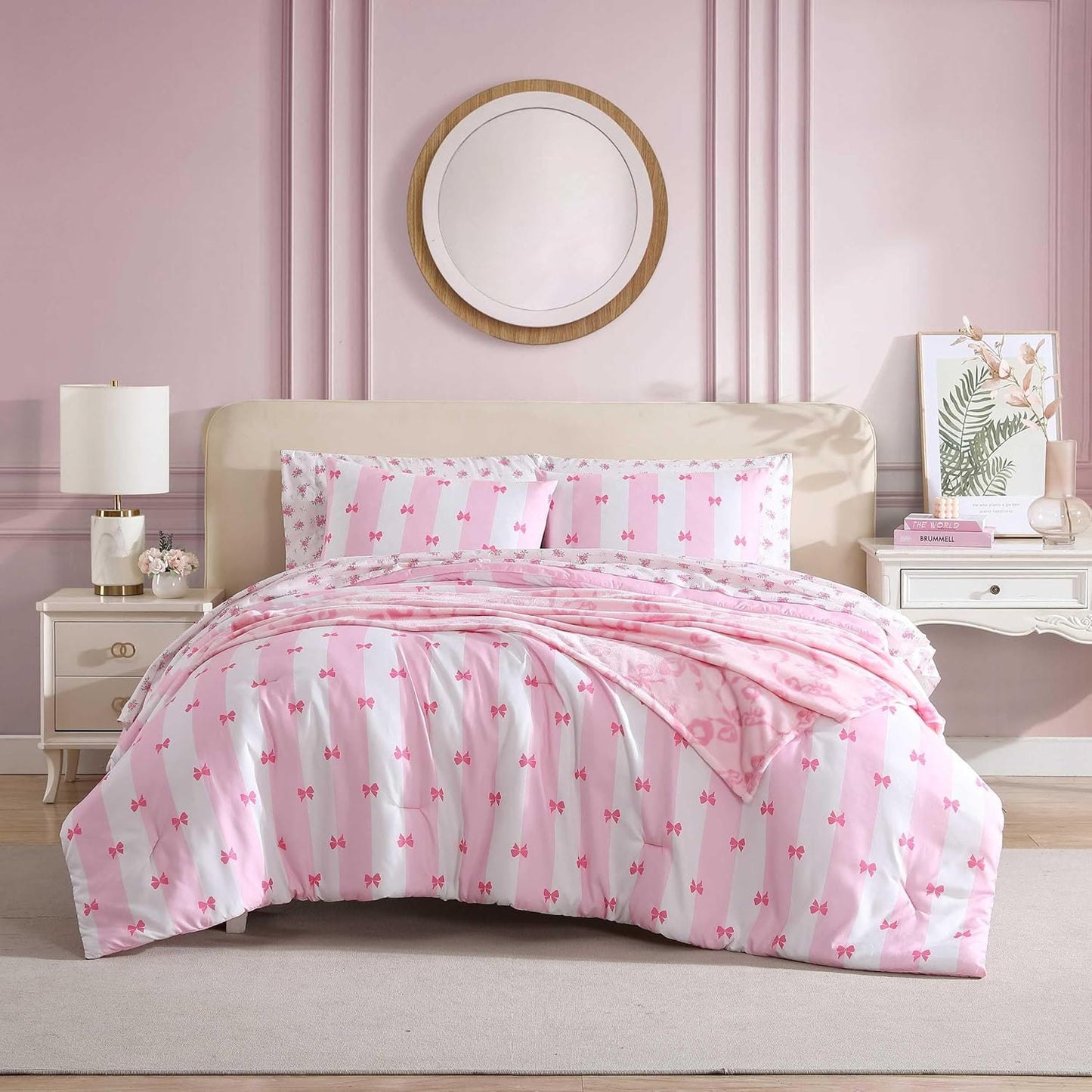 Betsey Johnson - Queen Comforter Set, Super Soft 8-Piece Bedding with Matching Sham & Sheets, Includes Bonus Pillowcase & Reversible Plush Throw, Chic Room Decor (Bow Stripe Pink, Queen)