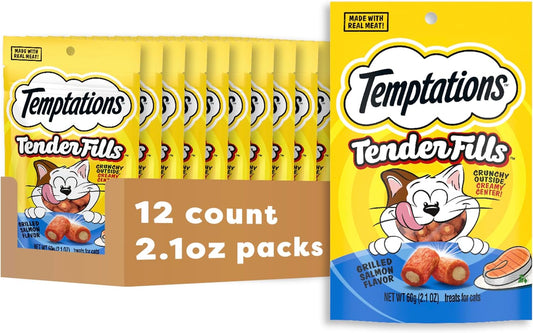 Temptations Tender Fills Grilled Salmon Flavor Crunchy and Soft Adult Cat Treats, 2.1 oz. Pouch (Pack of 12)