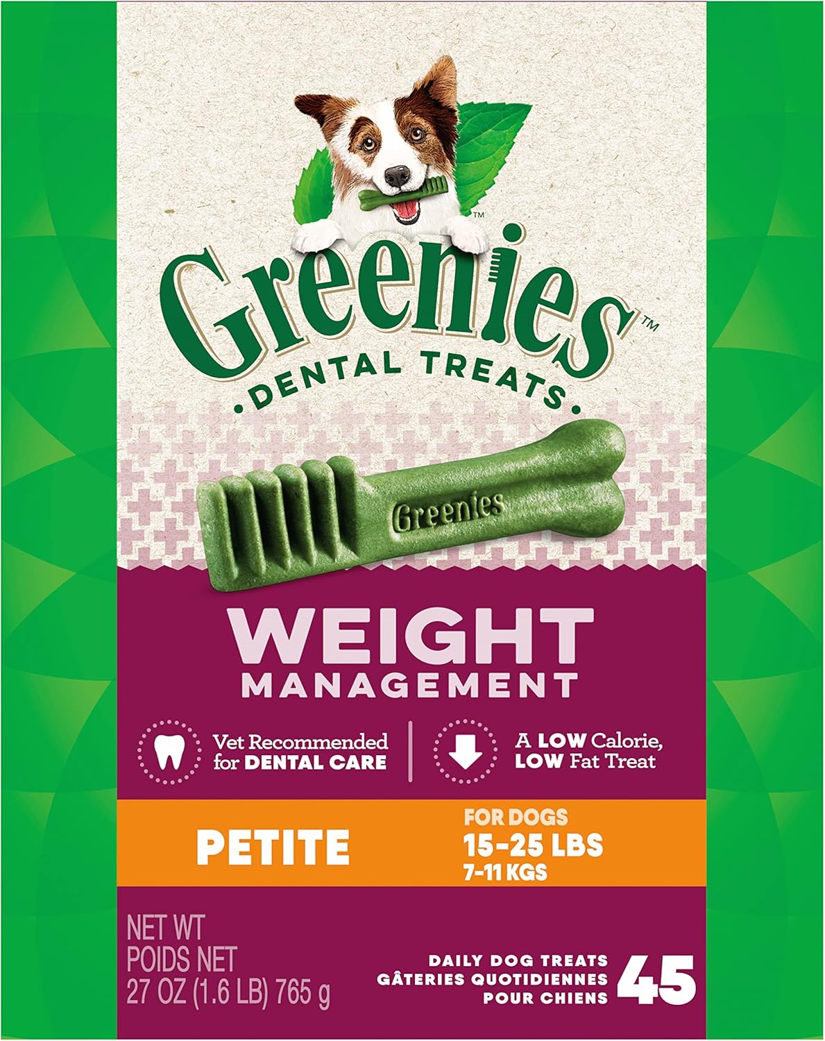 Greenies Weight Management Petite Natural Dog Dental Care Chews Weight Control Dog Treats, 27 oz. Pack (45 Treats)