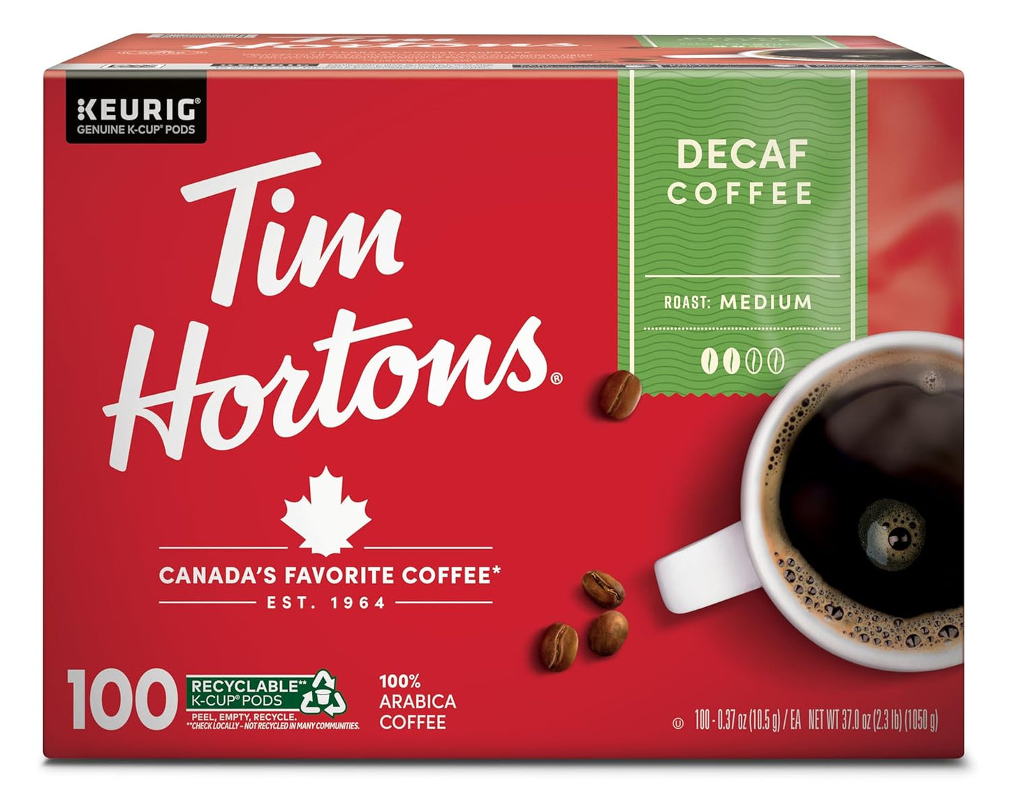 Tim Hortons Decaf, Medium Roast Coffee, Single-Serve K-Cup Pods Compatible with Keurig Brewers, 100ct K-Cups