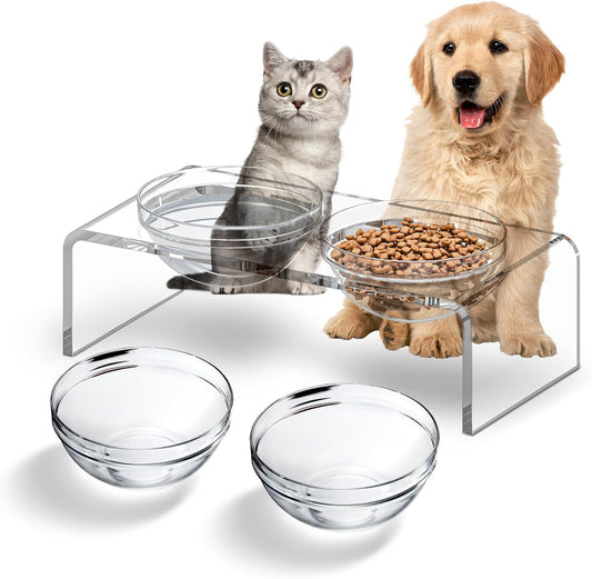 LFTYTUO Acrylic Pet Feeder Stand Set for Food Water with 2 Set Glass & Plastic Bowls, Raised Dishes Rack Suitable for Puppies, Kittens and Small Dogs, Clear