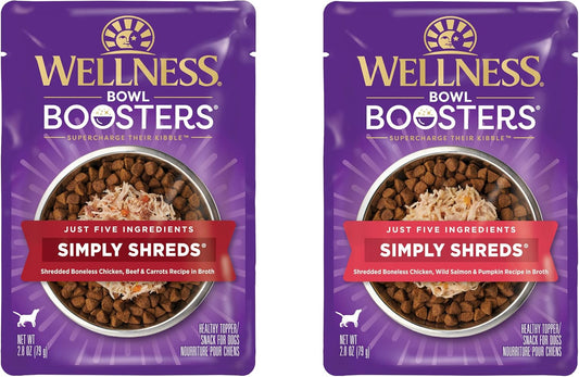 Wellness CORE Simply Shreds Wet Dog Food Topper Variety Bundle, 2.8-Ounce Pouches (Chicken\/Beef\/Carrots + Chicken\/Salmon\/Pumpkin, 24 Pack)