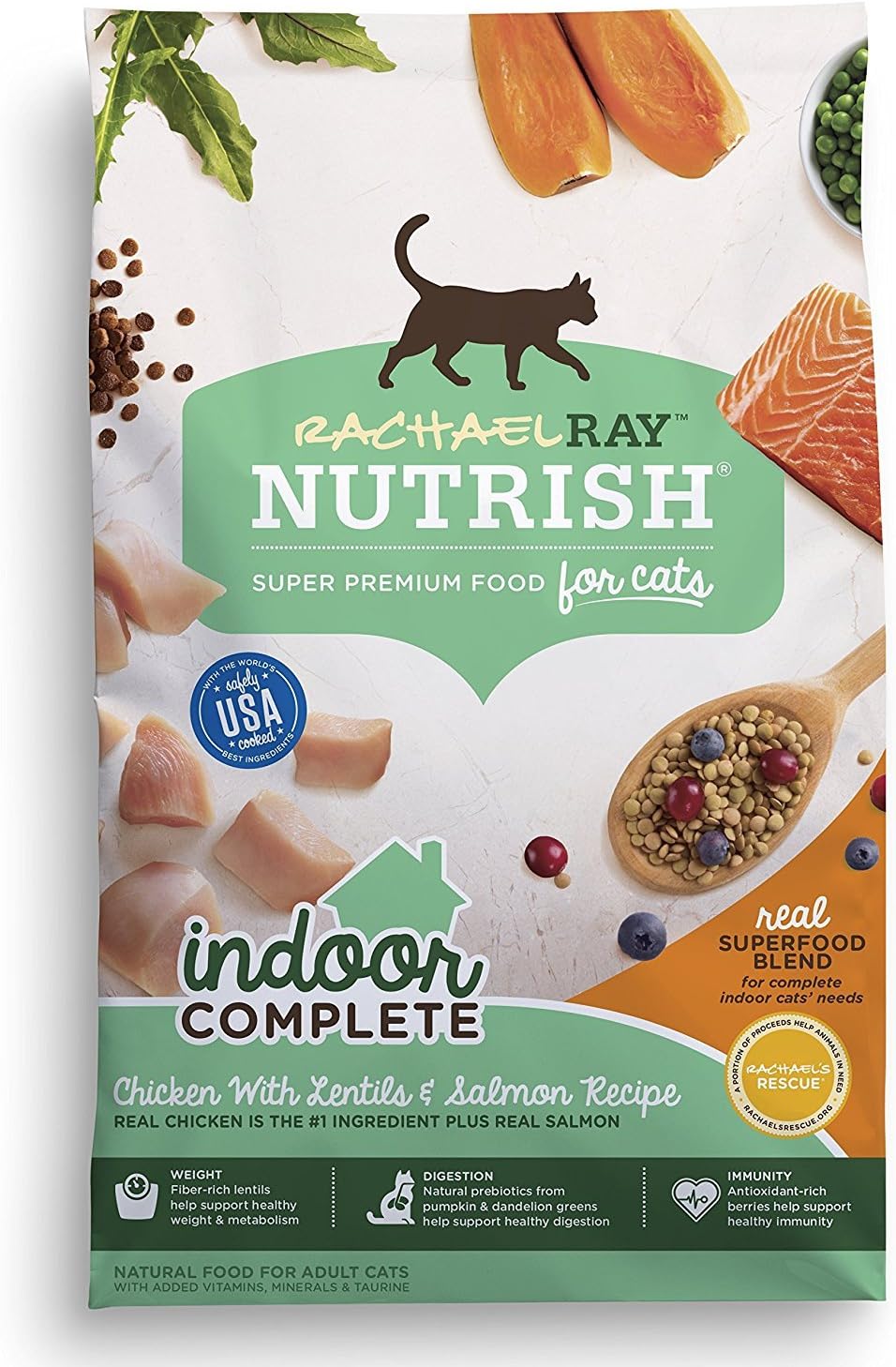 Rachael Ray Nutrish Indoor Complete Premium Natural Dry Cat Food, Chicken with Lentils & Salmon Recipe, 14 Pounds (Packaging May Vary)