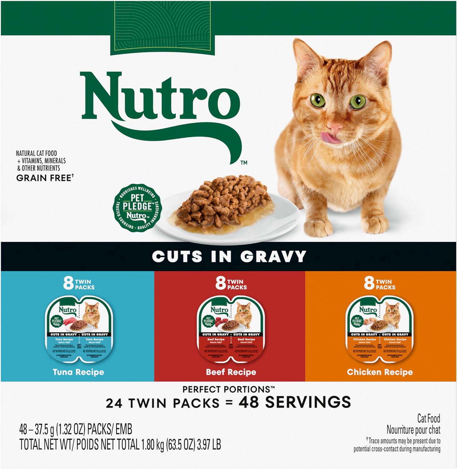 Nutro Wet Cat Food Cuts in Gravy MultiPack: Beef, Tuna, and Chicken Recipes; (24) 2.64 oz. Trays