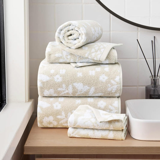 Lucky Brand Folk Floral 6 Piece Bath Towel Set - (2) Bath Towels, (2) Hand Towels, and (2) Washcloths - Beige Taupe Premium Bathroom Towel Set