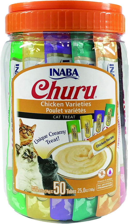 INABA Churu Cat Treats, Grain-Free, Lickable, Squeezable Creamy Purée Cat Treat\/Topper with Vitamin E & Taurine, 0.5 Ounces Each Tube, 50 Tubes, Chicken Variety