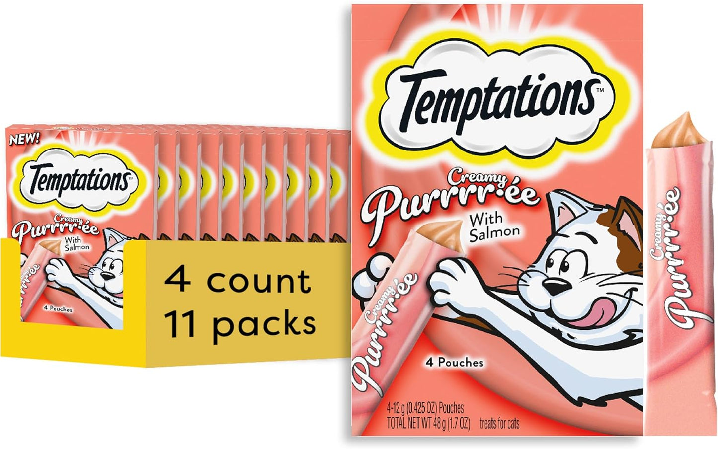 Temptations Creamy Puree with Salmon Lickable, Squeezable Cat Treats, 0.42oz Pouches, 4 Count (Pack of 11)