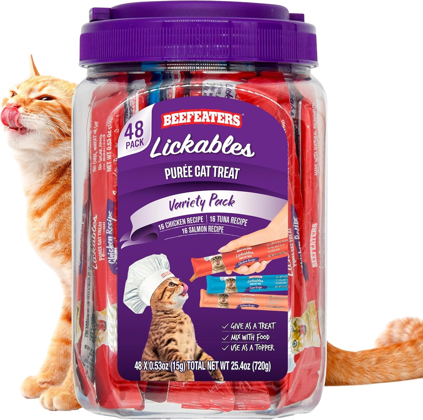 Beefeaters Cat Treats - Variety Pack Lickable Puree 48ct | Cat Food Salmon, Tuna, Chicken | Grain-Free, Taurine-Enriched | Training Treats - Interactive Feeding | Wet/Dry Food