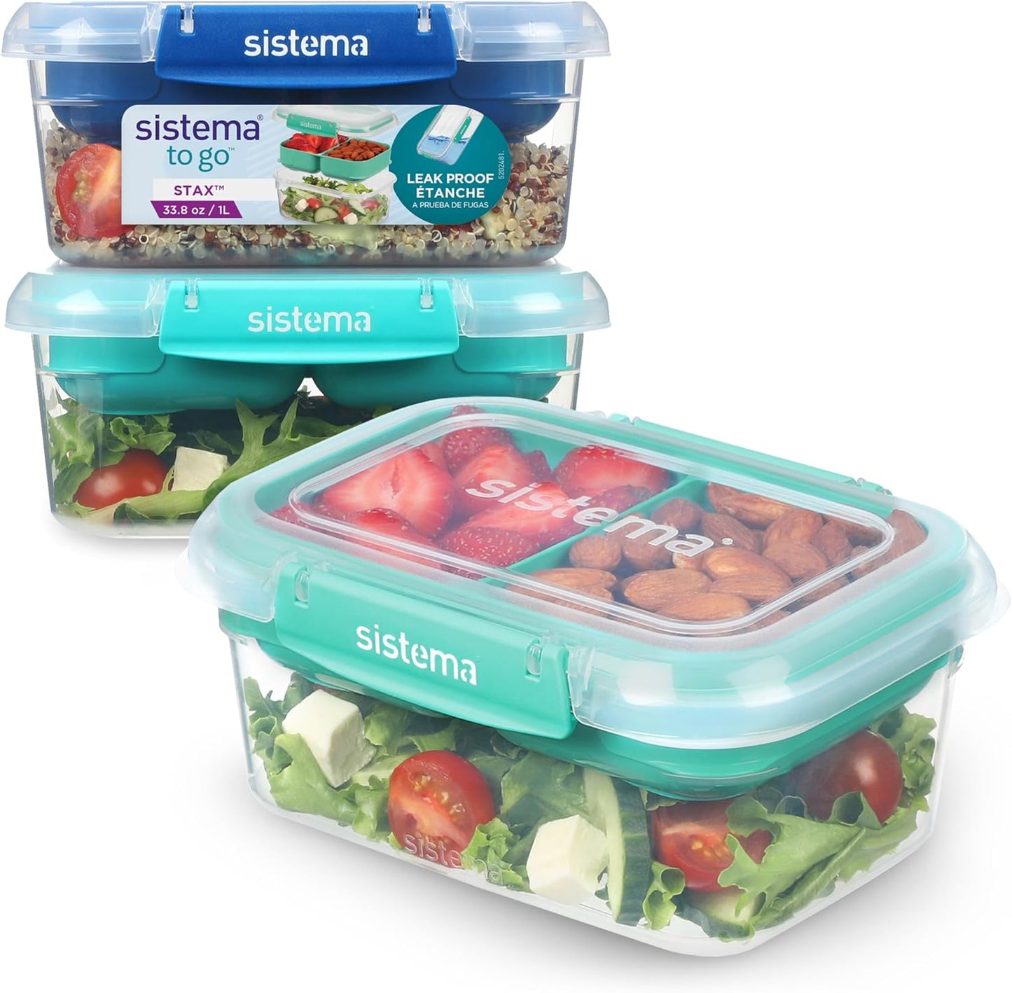 Sistema TO GO Stax Leakproof Food Storage Containers | 1 L | Airtight & Stackable Meal Prep Containers with Lids | Lunch Boxes | BPA-Free | 3 Count