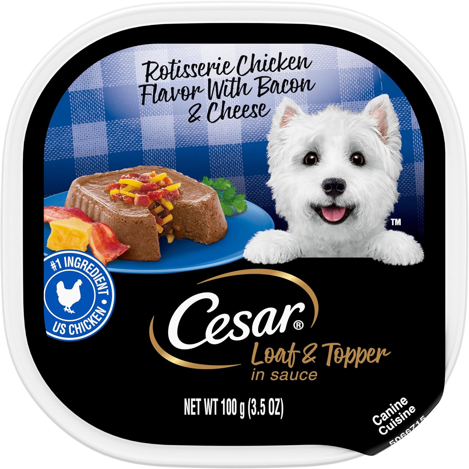 CESAR Adult Wet Dog Food Loaf & Topper in Sauce Rotisserie Chicken Flavor with Bacon & Cheese, 3.5 oz. Easy Peel Trays, Pack of 24