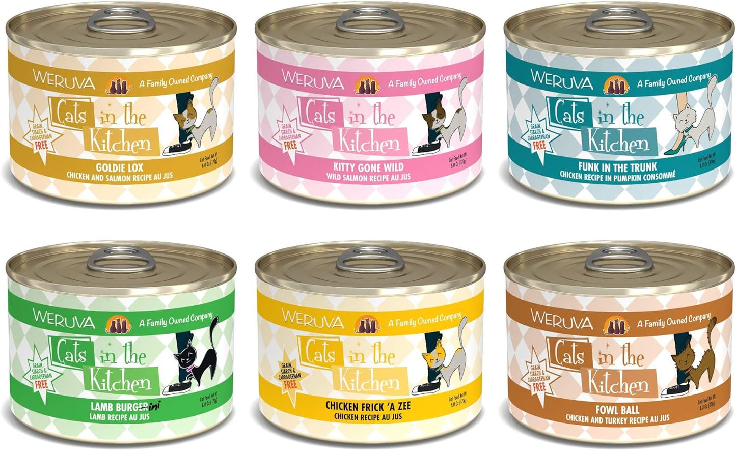 Weruva Cats in The Kitchen Grain-Free Wet Canned Cat Food 6 Flavor Variety Pack of 12 Cans, 6 Ounces Each