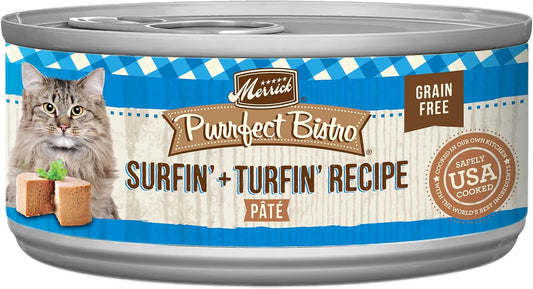 Merrick Purrfect Bistro Grain Free Premium Soft Canned Pate Adult Wet Cat Food, Surfin\u2019 And Turfin\u2019 Recipe - (Pack of 24) 3 oz. Cans