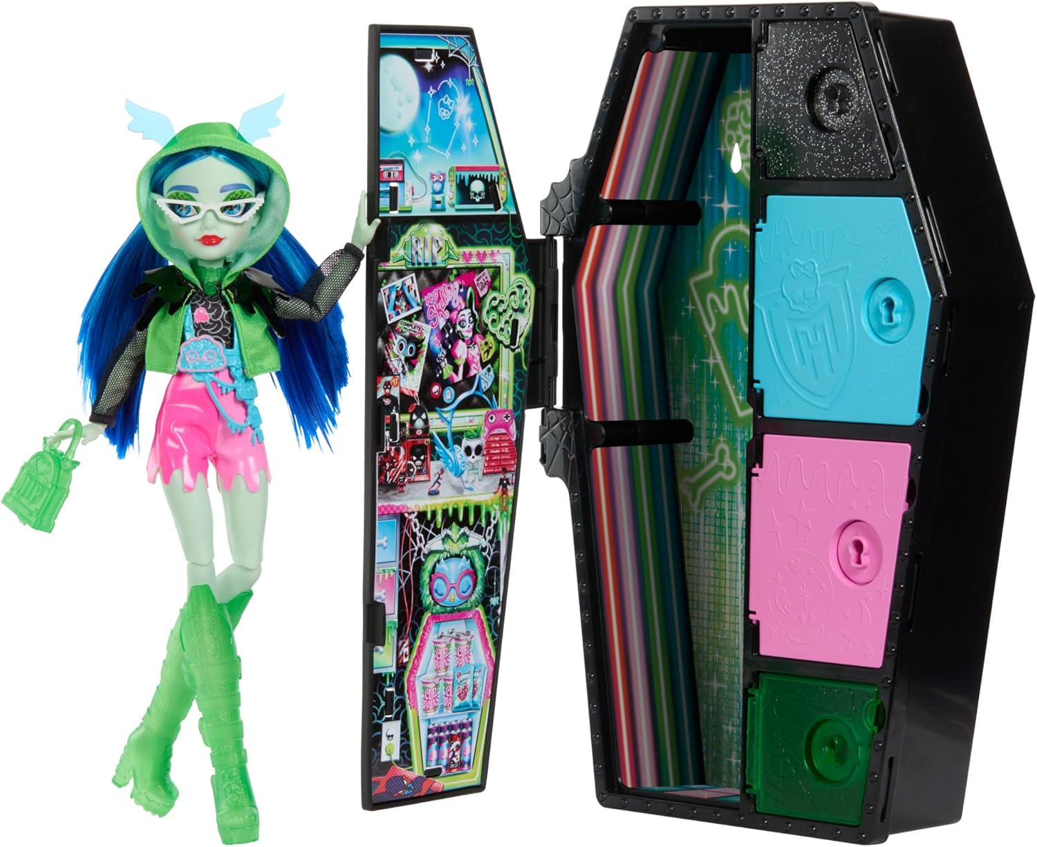 Monster High Monstrous Secrets Neon Scare Series Set with Articulated Doll Ghoulia Yelps, Locker, Over 19 Surprises, Over 125 Looks to Create, Children's Toy, from 3 Years, HNF81