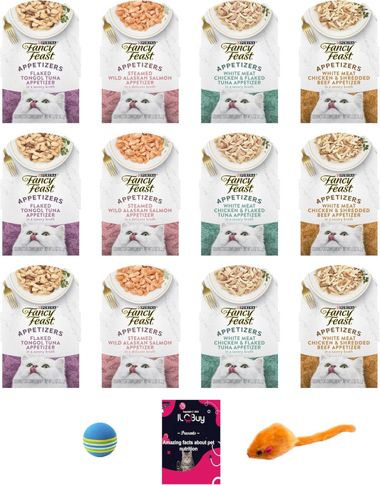 Appetizers Lickable Grain Free Wet cat Food Bundle, Includes 12 Trays (1.1 oz Each), 04 Different Flavors. 01 Foam Ball and 01 Mouse Toy, 01 Booklet About Pet Nutrition.