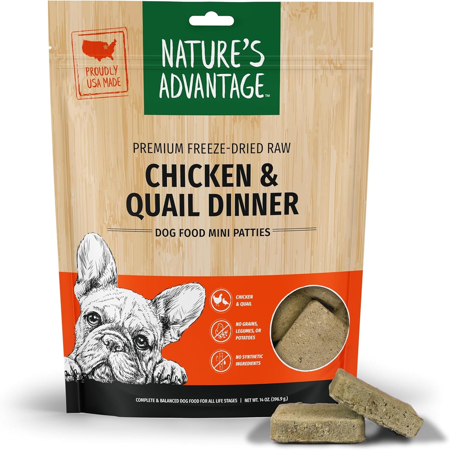 Nature's Advantage Freeze-Dried Raw Chicken & Quail Dinner Dog Food Mini Patties, 14 oz | Grain Free, High Protein Nutrition