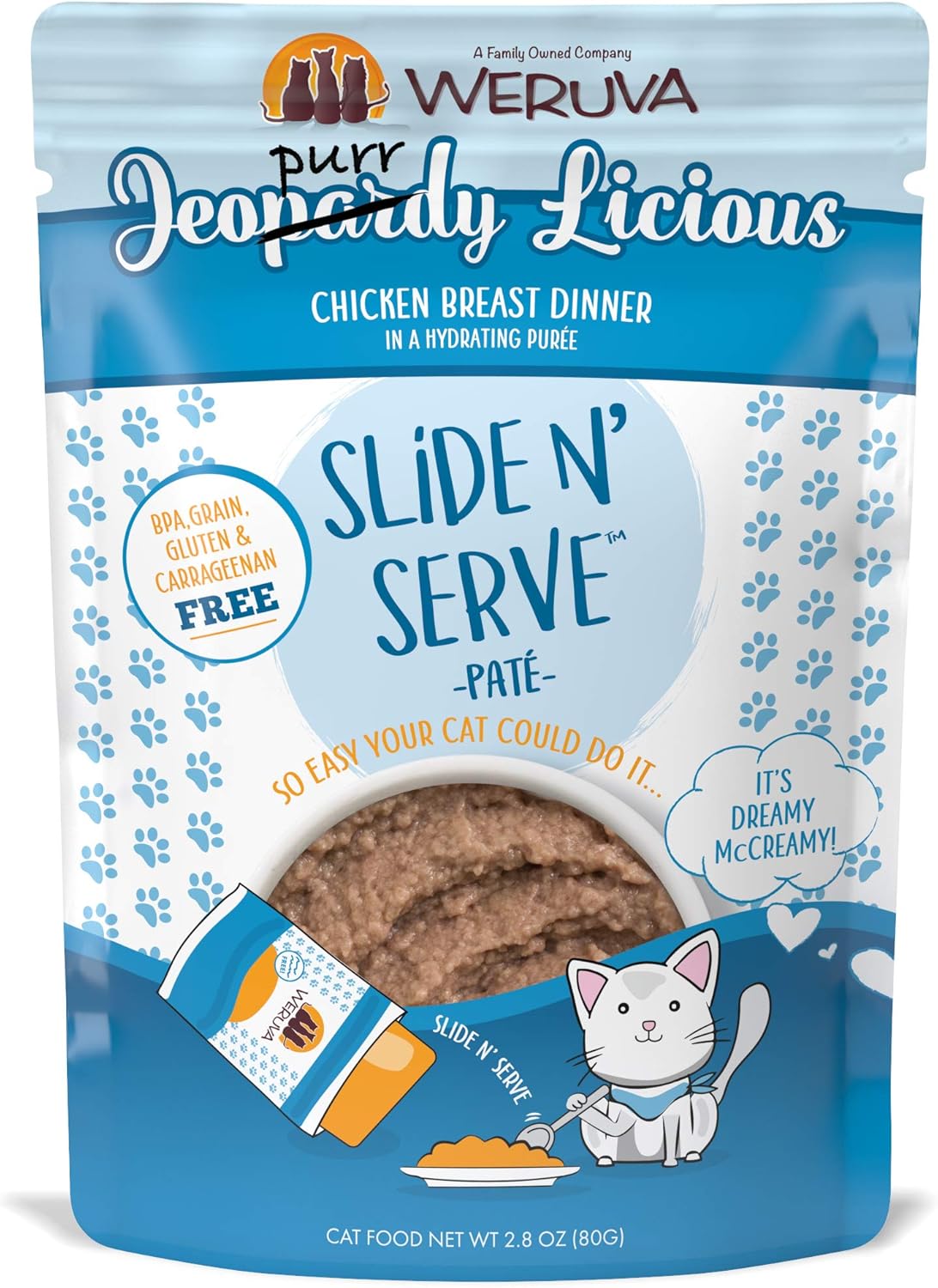 Weruva Slide N' Serve Paté Wet Cat Food, Jeopurrdy Licious Chicken Dinner, 2.8oz Pouch (Pack of 12)