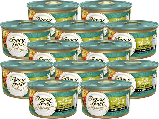 Fancy Feast Wet Cat Food Medleys Shredded White Meat Chicken Fare with Spinach in Savory Cat Food Broth - 3 oz. (Pack of 12)