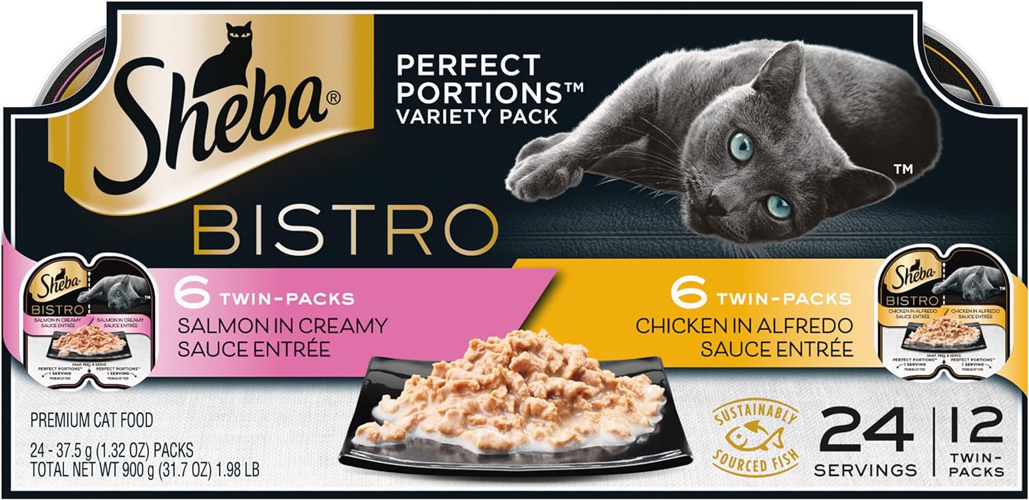 Sheba Perfect PORTIONS Bistro Wet Cat Food Trays (12 Count, 24 Servings), Chicken in Alfredo Sauce and Salmon in Creamy Sauce Entrée, Easy Peel Twin-Pack Trays