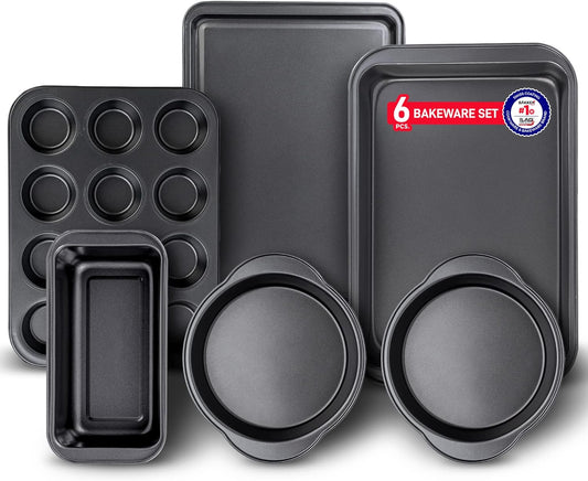 Baking Set \u2013 6 Piece \u2013 Deluxe Non Stick Black Coating Inside and Outside \u2013 Carbon Steel Bakeware Set \u2013 PFOA PFOS and PTFE Free by Bakken