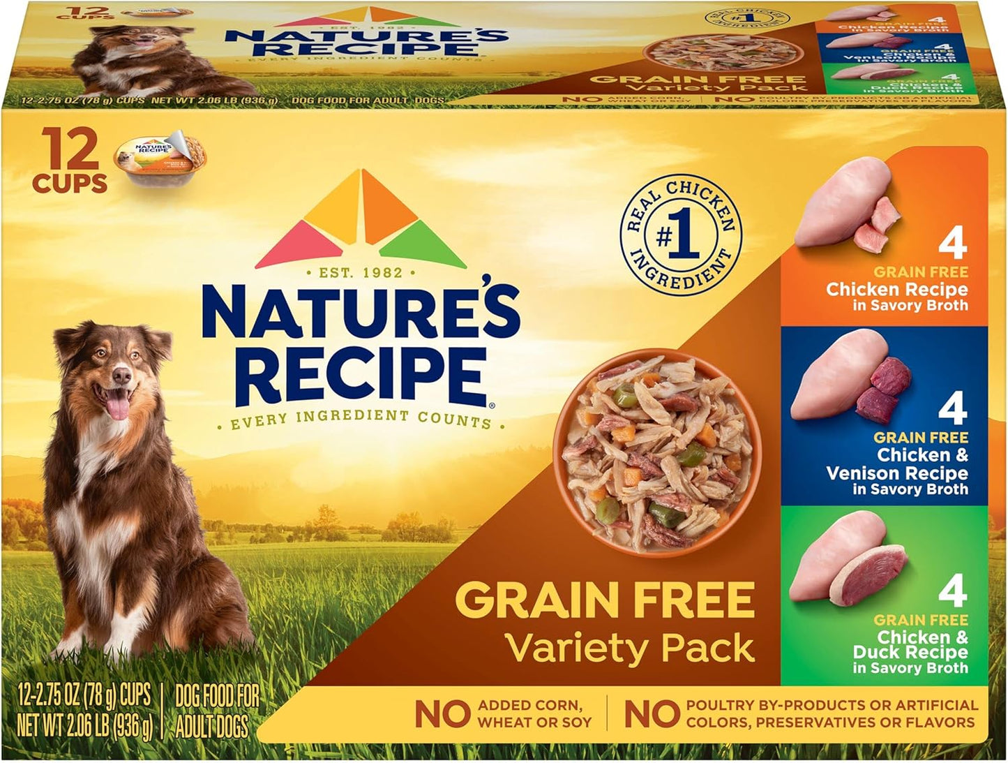 Nature\u2019s Recipe Grain Free Chicken Recipe, Chicken & Venison Recipe and Chicken & Duck Recipe in Savory Broth Variety Pack Wet Dog Food, 12-2.75 oz. Cups, 2 Count