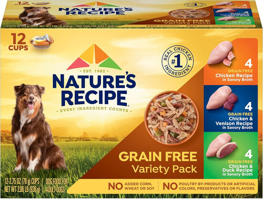 Nature\u2019s Recipe Grain Free Chicken Recipe, Chicken & Venison Recipe and Chicken & Duck Recipe in Savory Broth Variety Pack Wet Dog Food, 12-2.75 oz. Cups, 2 Count