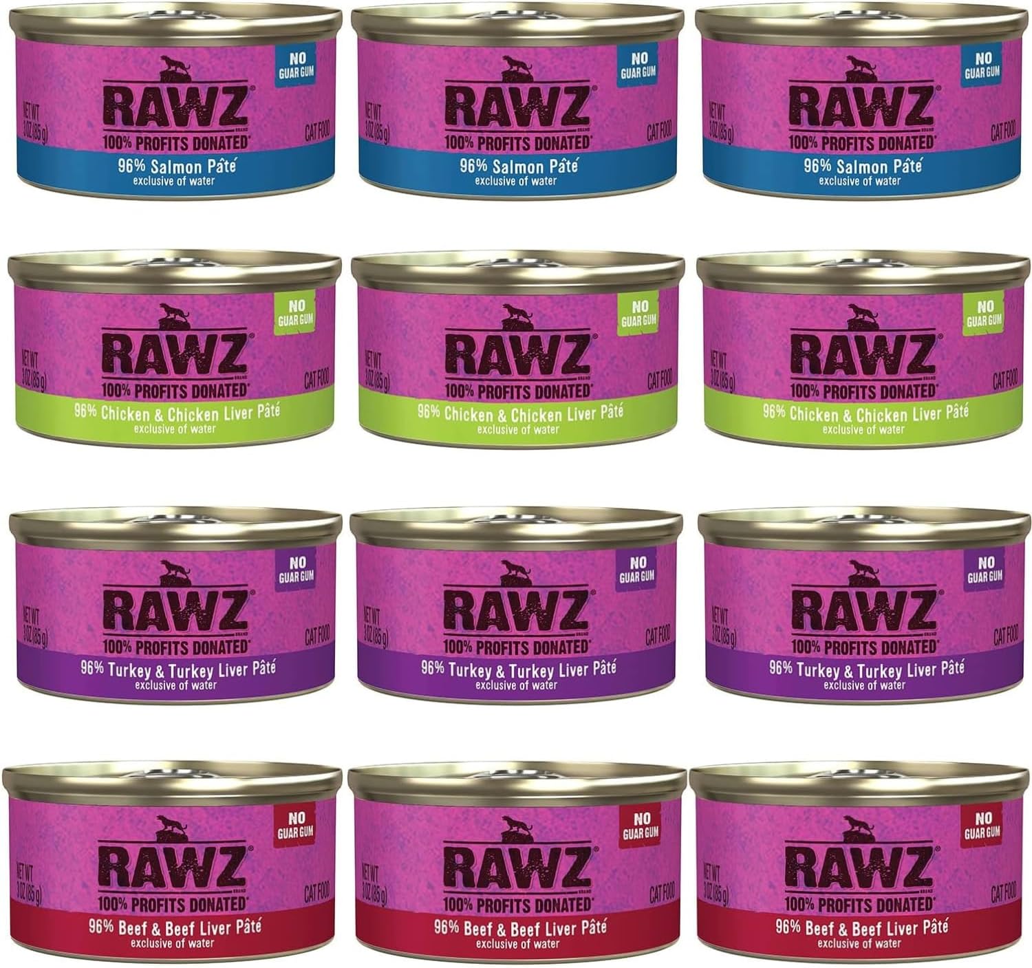 Rawz Natural Premium Pate Canned Cat Wet Food -12 Pack Cans Variety Pack -4 Flavors - (Salmon, Chicken, Turkey, Beef) - (3oz Can Lid)