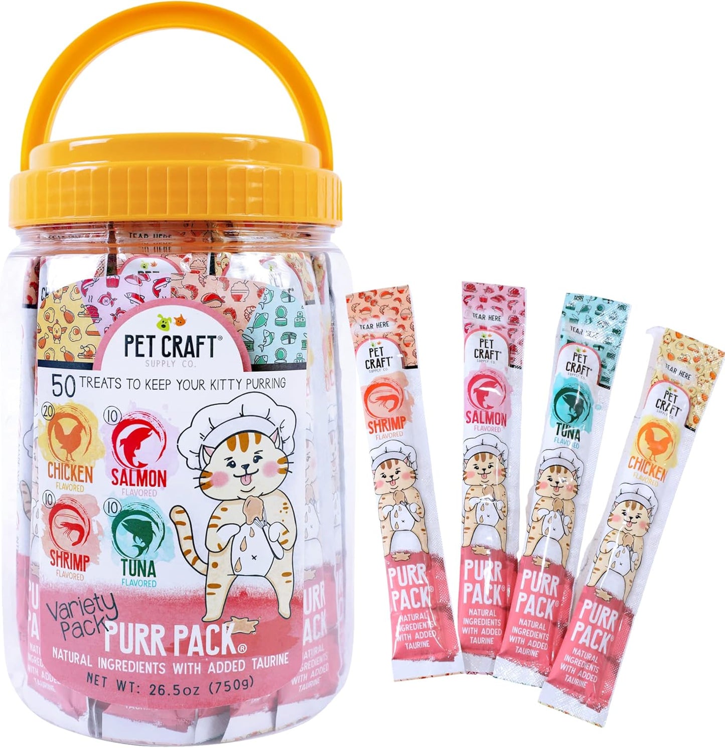 Pet Craft Supply Lickable Cat Treats Variety Pack (Salmon, Shrimp, Tuna, Chicken) 50ct Tub, Squeezable Tubes High Protein Cat Puree Wet Food or Food Topper