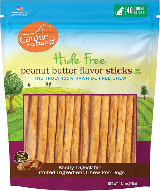 Canine Naturals Peanut Butter Chew - Rawhide Free and Dog Treats - Made from Real Peanut Butter - All-Natural and Easily Digestible - 40 Pack of 5 Inch Stick Chews