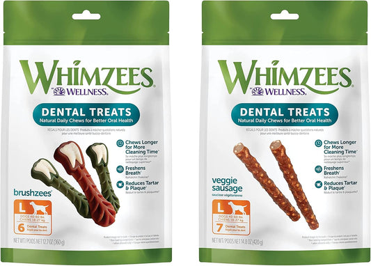 Whimzees Brushzees Dental Chews for Dogs (Large) and Veggie Sausage Dental Chews for Dogs (Large)