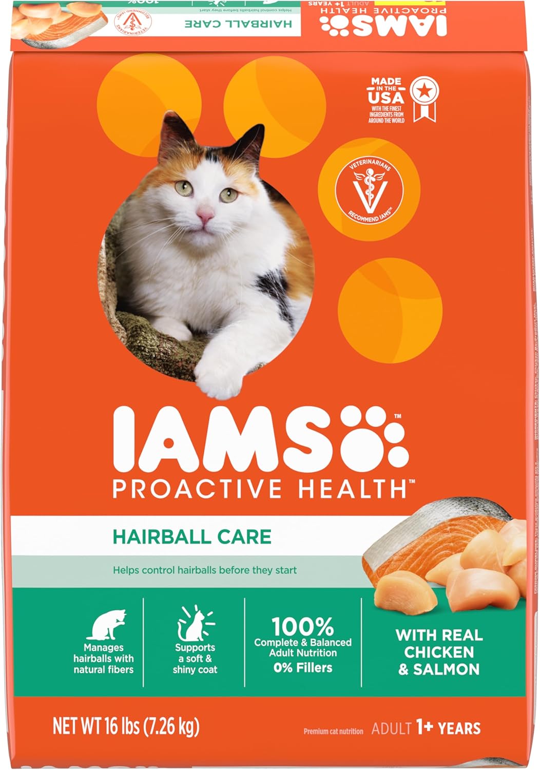 IAMS PROACTIVE HEALTH Adult Hairball Care Dry Cat Food with Chicken and Salmon Cat Kibble, 16 lb. Bag