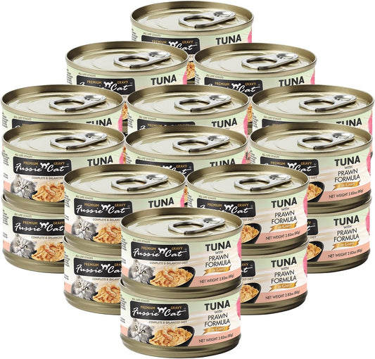 Fussie Cat Premium in Gravy Wet Cat Food, Bundle Pack with HS Can Lid (Case of 24) (2.82oz Cans), (Tuna & Prawns)