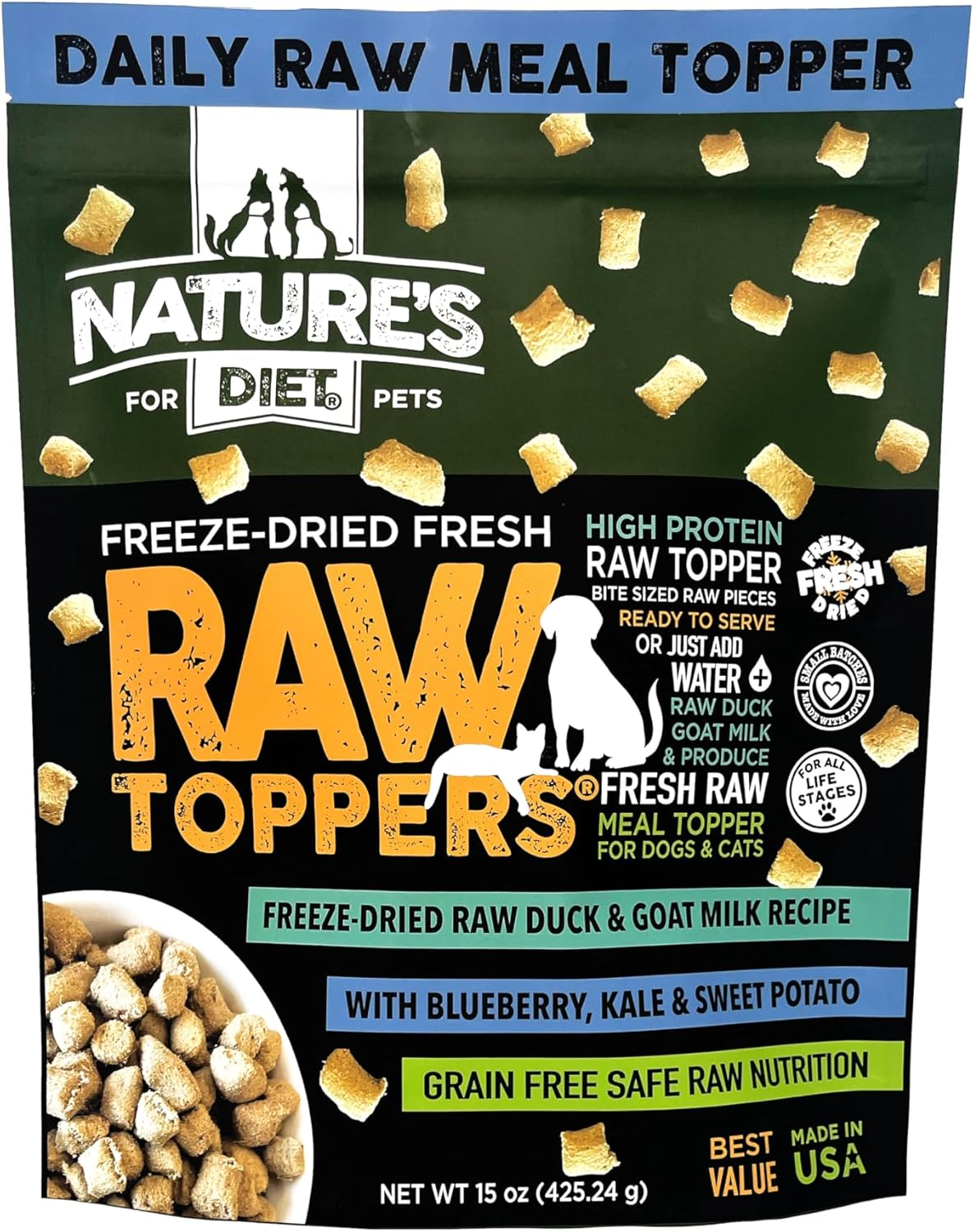 Nature's Diet® Free Freeze-Dried Raw Food Topper for Dogs & Cats with Duck, Sweet Potato, Goat Milk, Blueberries Ready to Serve or Rehydrate with Water High Protein Raw Meat Daily Meal Topper