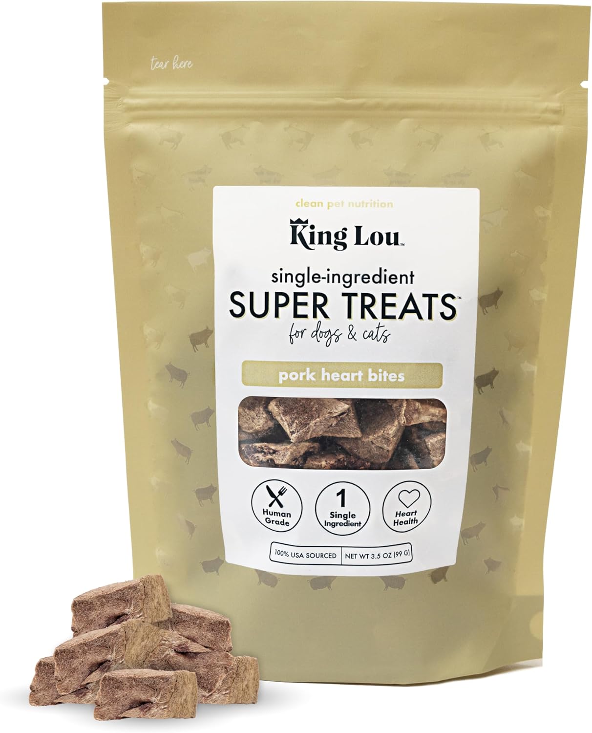 King Lou Pets - Pork Heart Bites for Dogs and Cats - USA-Made Freeze Dried Treats - Taurine, Zinc, and Iron - 1 lb Prior to Freeze-Drying