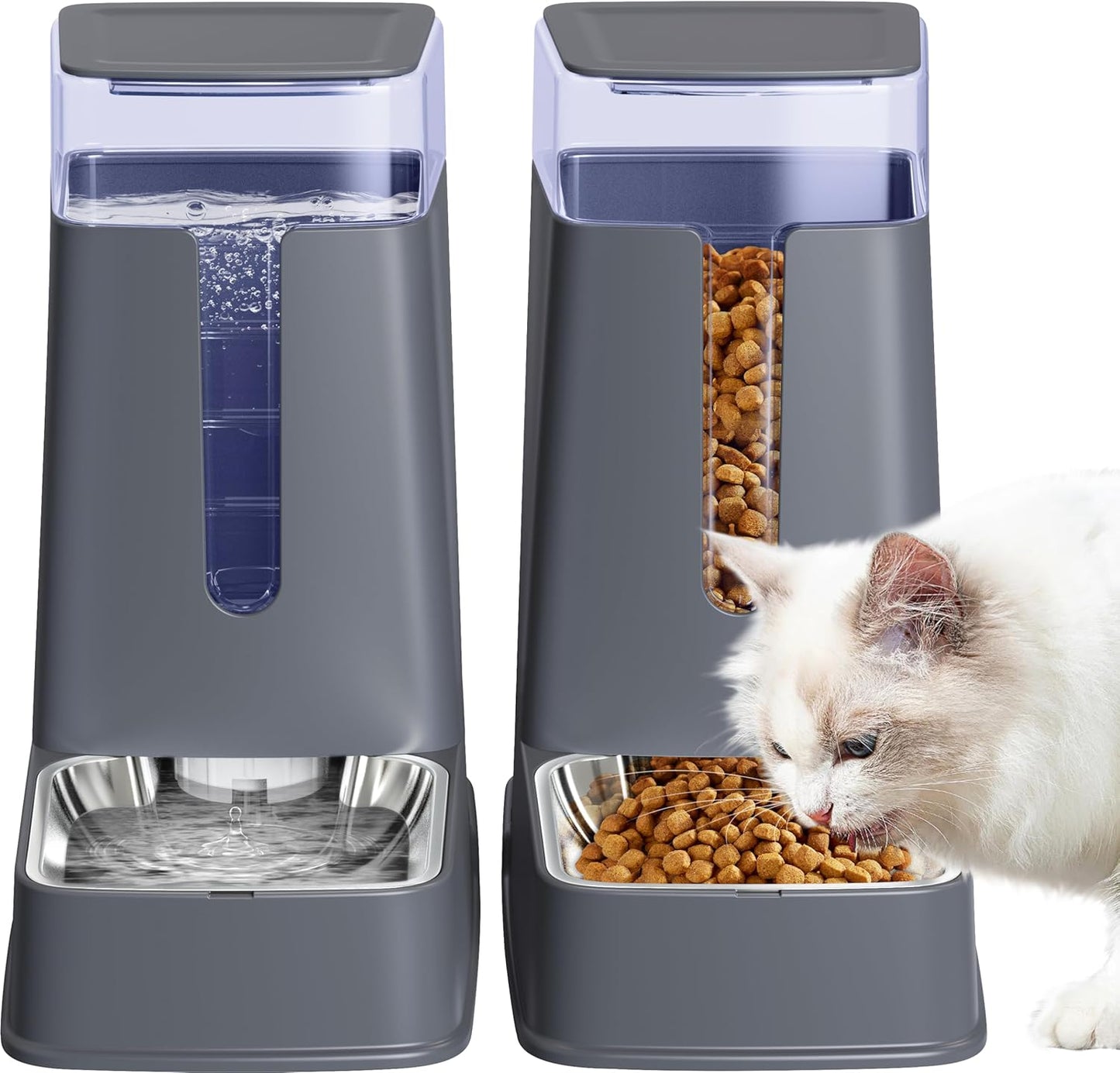 Meowyoyo Automatic Cat Feeder and Cat Water Dispenser Set with Stainless Steel Bowls Gravity Dog Feeder for Small Medium Big Dog Pets Puppy Kitten, 1 Gallon x 2