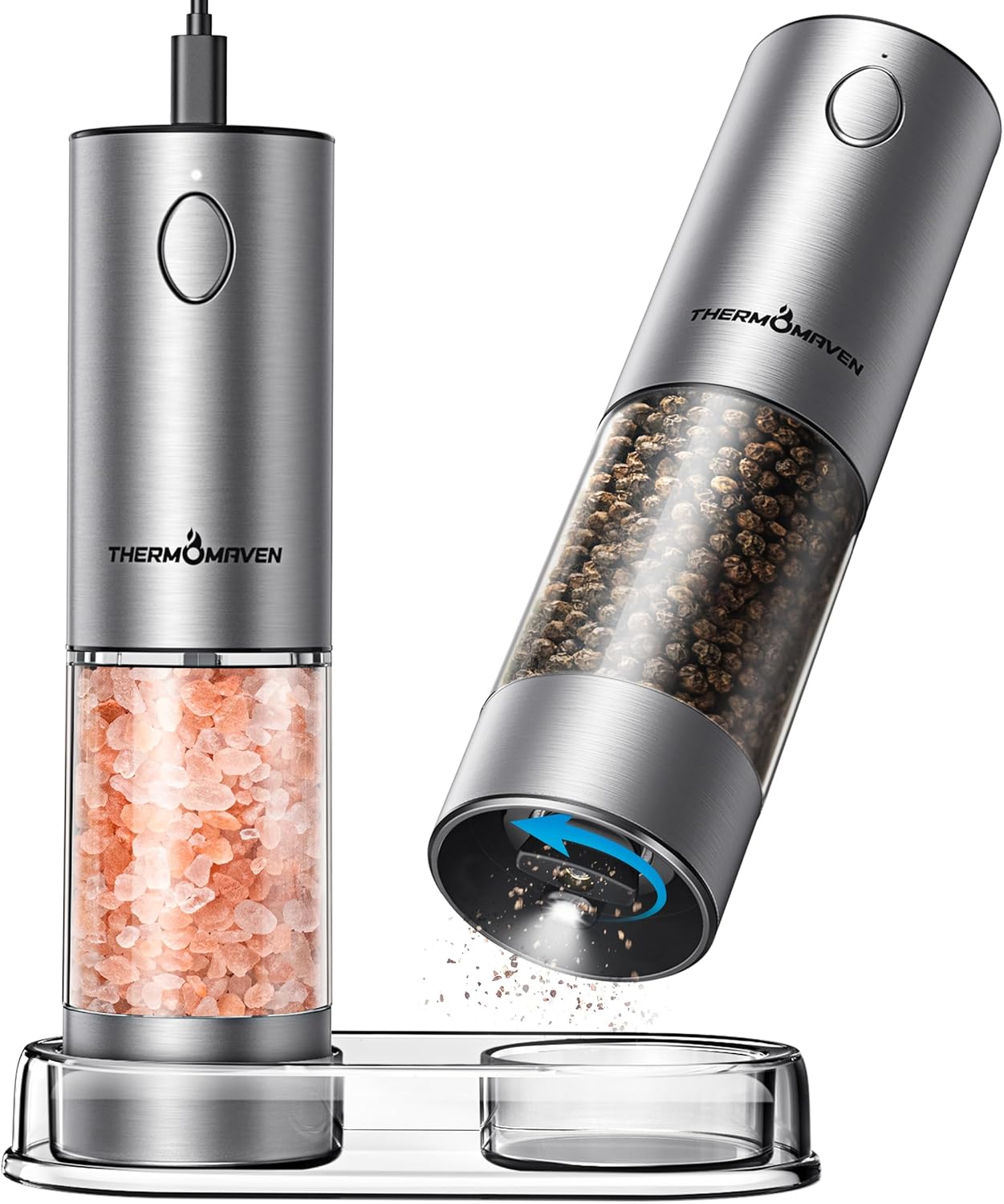 ThermoMaven Electric Salt and Pepper Grinder Set, 110ml Larger Rechargeable Automatic Salt and Pepper Mill Grinder with 6 Adjustable Coarseness, Electric Salt and Pepper Shakers, LED, 2 Packs, Silver