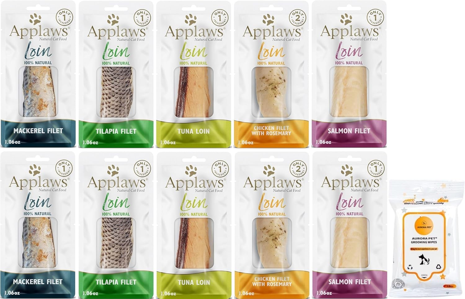 Aurora Pet Variety Pack (10) Applaws Loin Grain-Free Cat Treats (1.06-oz Each) with AuroraPet Wipes