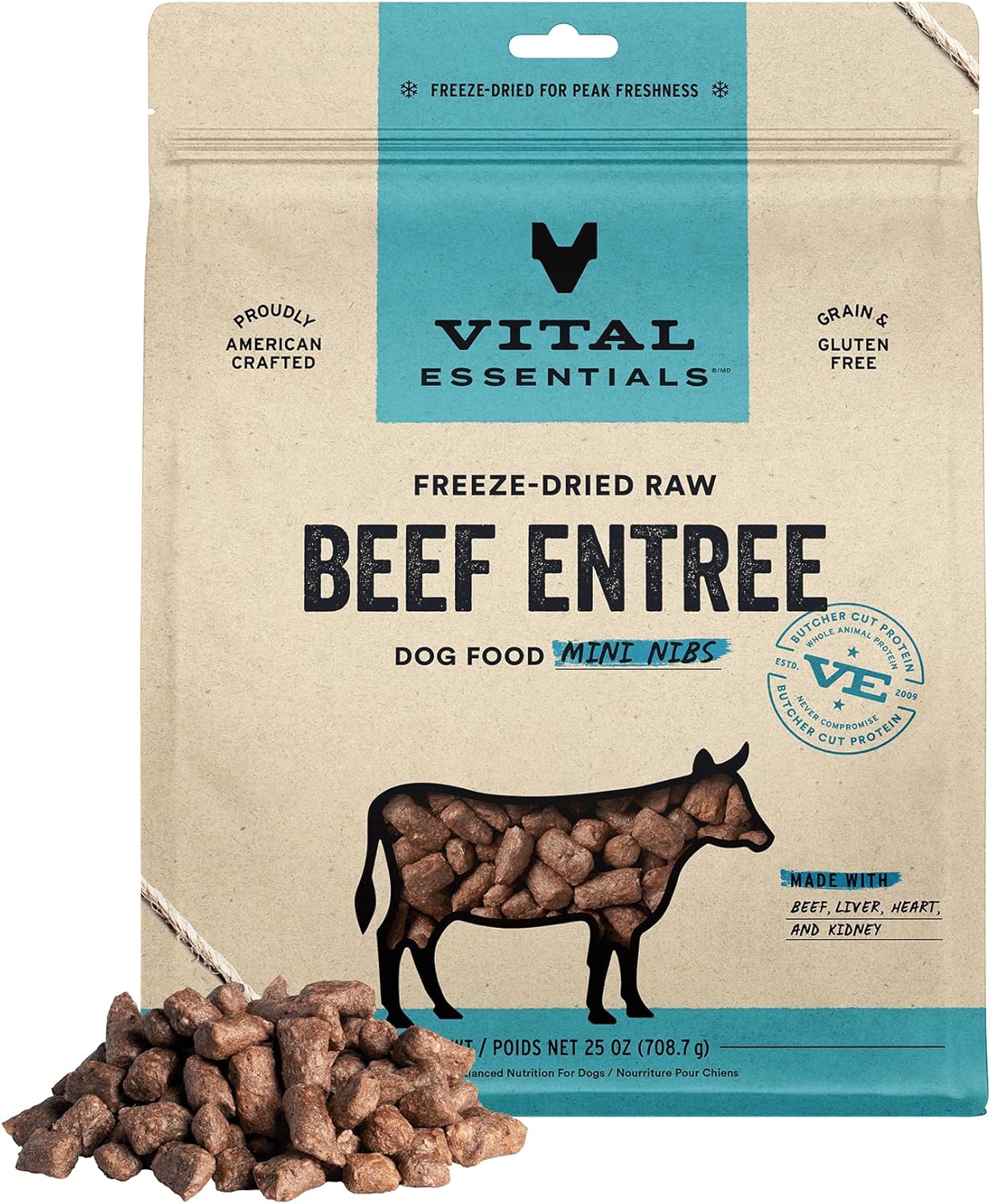 Vital Essentials Freeze Dried Raw Dog Food, Beef Mini Nibs Entree, 25 oz