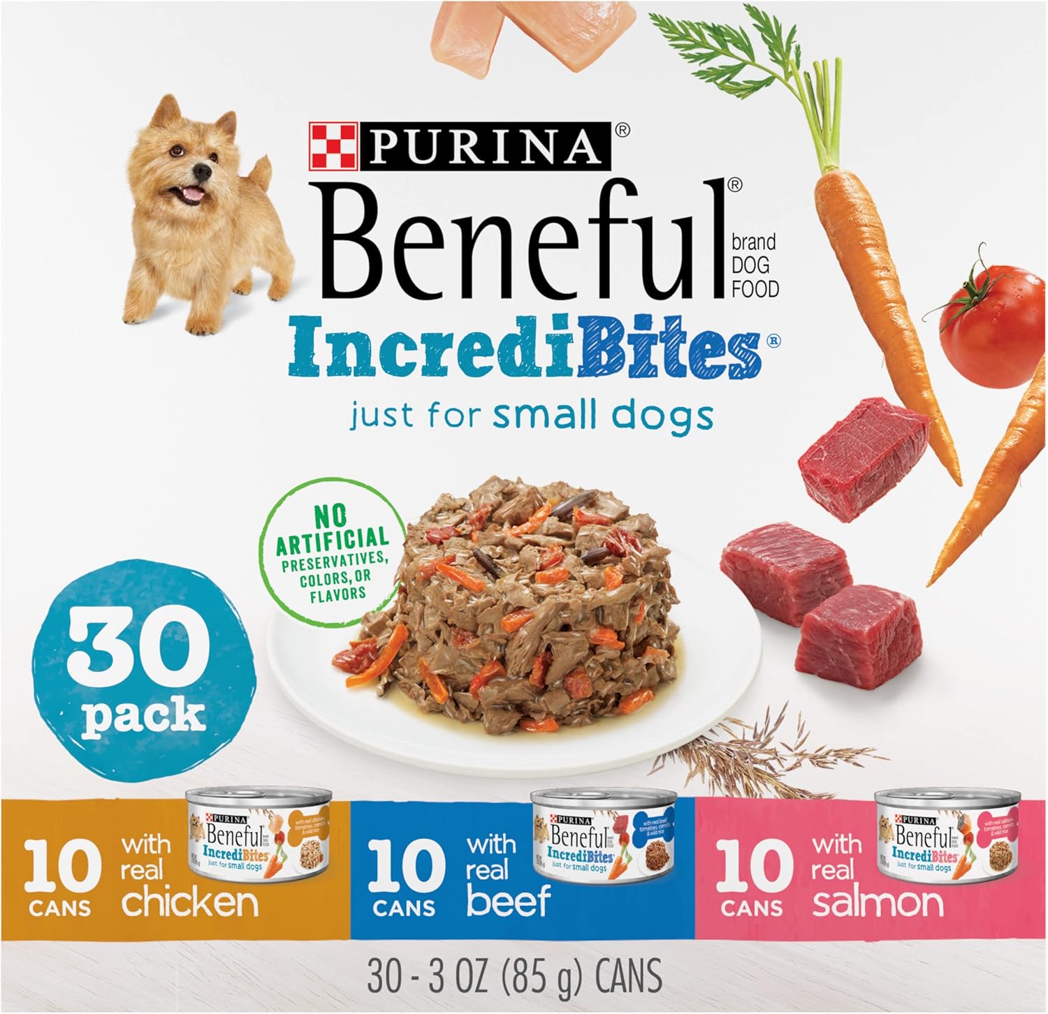 Purina Beneful Small Breed Wet Dog Food Variety Pack, IncrediBites With Real Beef, Chicken and Salmon - (Pack of 30) 3 Oz. Cans