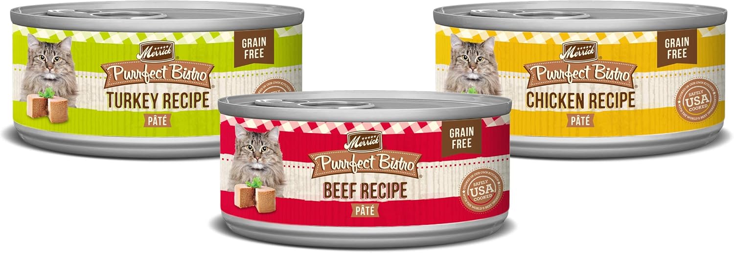 Merrick Purrfect Bistro Grain Free Premium Canned Pate Adult Wet Cat Food, Variety Pack, Chicken, Beef, Turkey - (Pack of 12) 5.5 oz. Cans