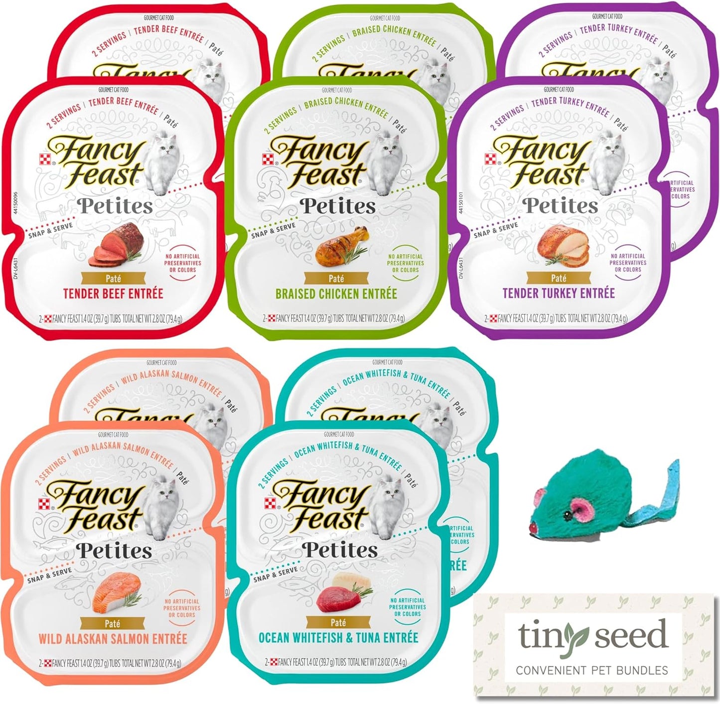 10-Pack Petites Paté Wet Cat Food. Fancy Feast Petites Pate Variety Pack. 2 Packs Each: Chicken, Beef, Salmon, Whitefish & Tuna, and Turkey (20 Servings). Includes Mouse Toy. Convenient Pet Bundles