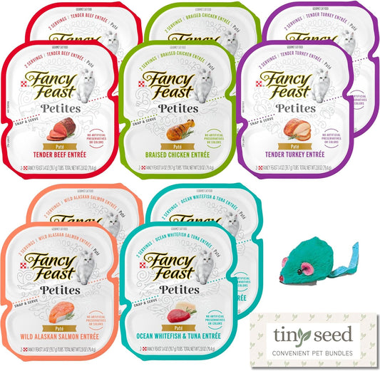 10-Pack Petites Paté Wet Cat Food. Fancy Feast Petites Pate Variety Pack. 2 Packs Each: Chicken, Beef, Salmon, Whitefish & Tuna, and Turkey (20 Servings). Includes Mouse Toy. Convenient Pet Bundles