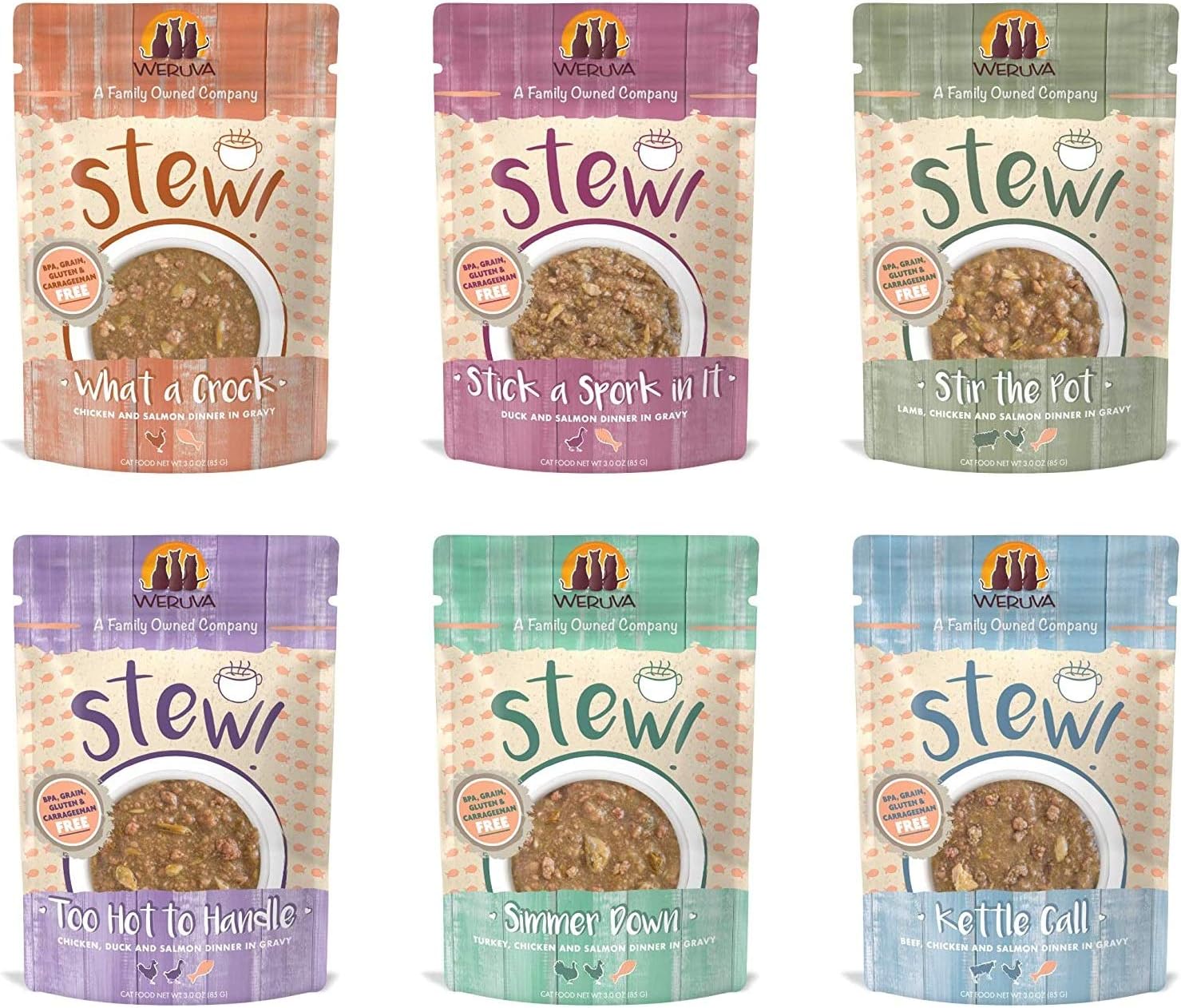 Weruva Stews 6 Flavor Grain Free Variety Pack Cat Food 3 Ounce Pouches (24 Pouches)