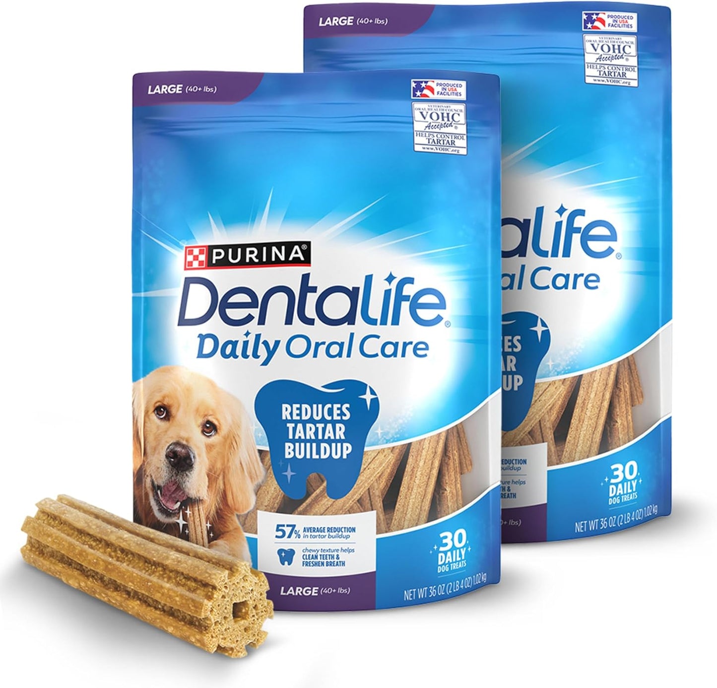 DentaLife Daily Oral Care Dog Treats for Large Dogs 40 plus lbs., Chewy Dental Treat to Freshen Breath and Fight Tartar, Chicken Flavor, 36 oz. each, 30 Chews each\/60 Total Chews - 30 ct. Pouch