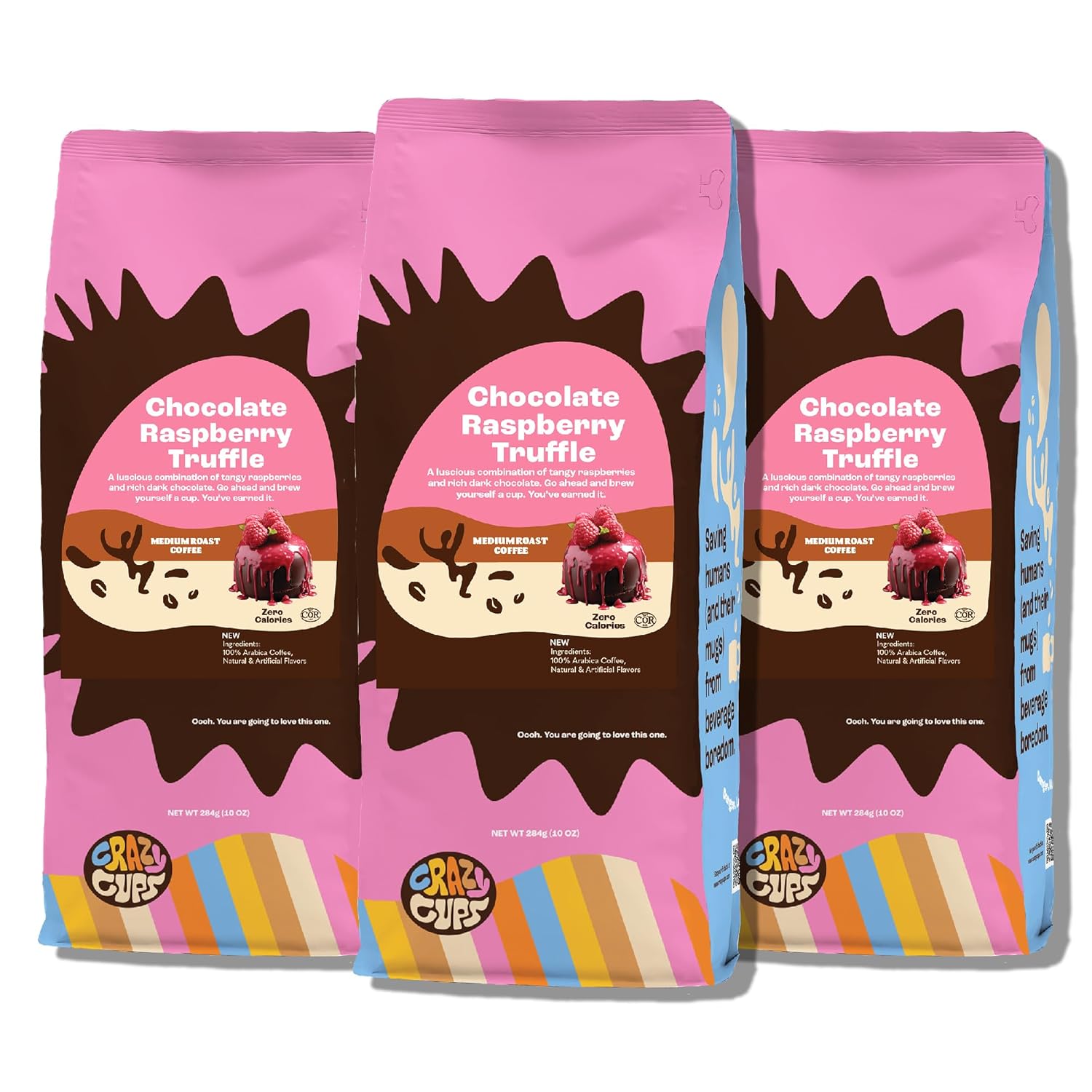 Crazy Cups Flavored Ground Chocolate Coffee, Chocolate Raspberry Coffee in 10 oz Bag, For Brewing Flavored Hot or Iced Coffee, 3 pack