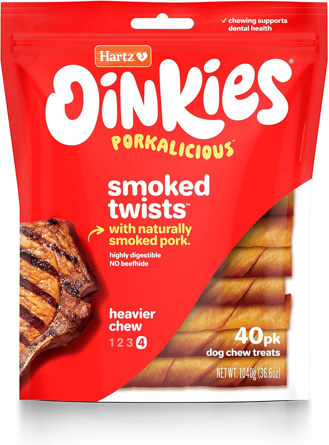 Hartz Oinkies Smoked Twists with Naturally Smoked Pork Rawhide-Free Dog Treats, Highly Digestible Long Lasting Dog Chews, 40 Count